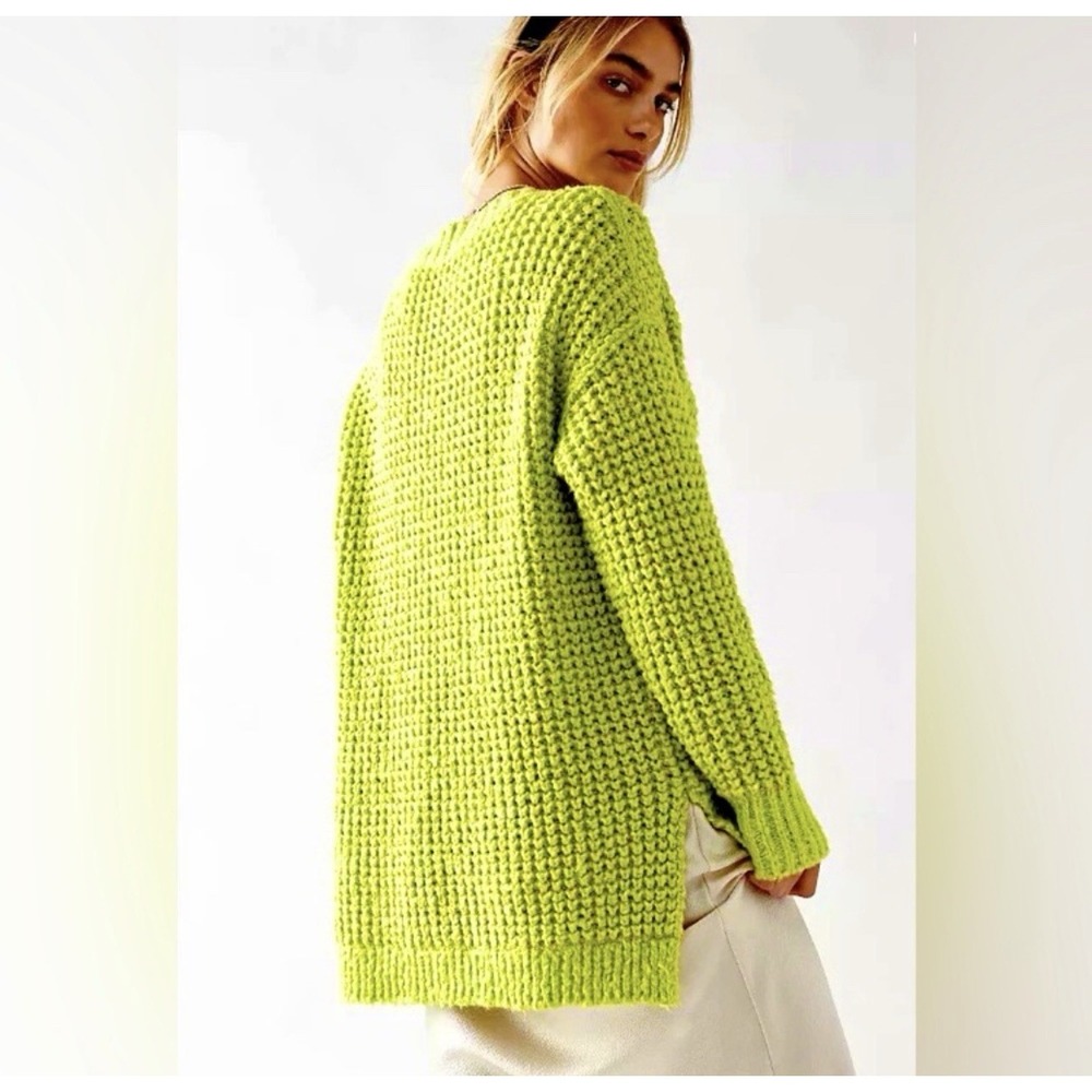 Free People L Whistle Thermal Sweater Lime Green Henley Slouchy Waffle Knit Boho - Picture 3 of 9